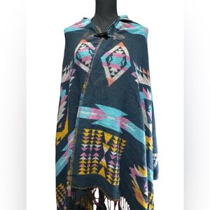 2 (OS) Aztec Print Bohemian Blanket Poncho Cape With Hood